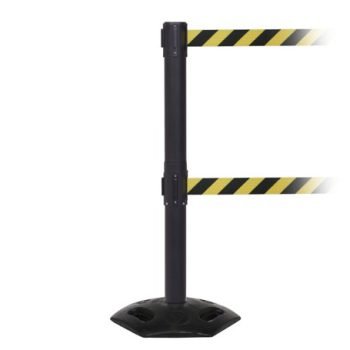 Obex Barriers Weatherproof Twin Belt Barrier; Belt Length mm: 3400; Black Post; Black/Yellow Chevron - WMT34CHBPBYC