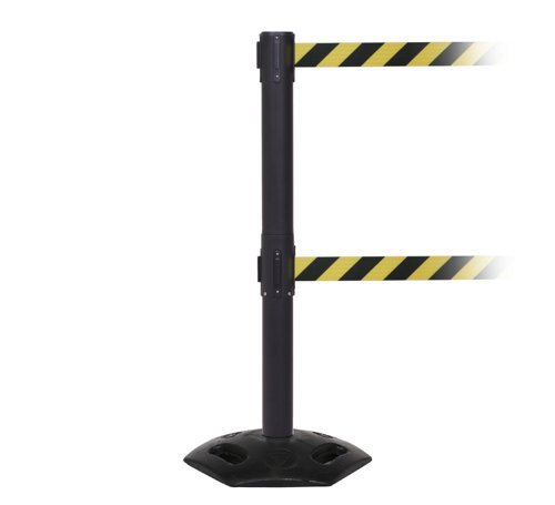 Obex Barriers Weatherproof Twin Belt Barrier; Belt Length mm: 3400; Black Post; Black/Yellow Chevron - WMT34CHBPBYC