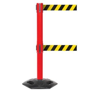 Obex Barriers Weatherproof Twin Belt Barrier; Belt Length mm: 3400; Red Post; Black/Yellow Chevron - WMT34CHRPBYC