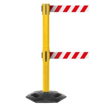 Obex Barriers Weatherproof Twin Belt Barrier; Belt Length mm: 3400; Yellow Post; Red/White Chevron - WMT34CHYPRWC
