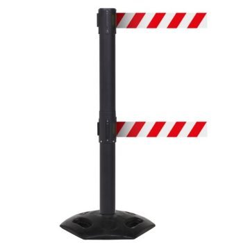 Obex Barriers Weatherproof Twin Belt Barrier; Belt Length mm: 4900; Black Post; Red/White Chevron - WMT49CHBPRWC