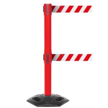 Obex Barriers Weatherproof Twin Belt Barrier; Belt Length mm: 4900; Red Post; Red/White Chevron - WMT49CHRPRWC