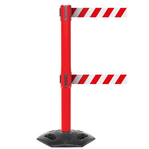 Obex Barriers Weatherproof Twin Belt Barrier; Belt Length mm: 4900; Red Post; Red/White Chevron - WMT49CHRPRWC