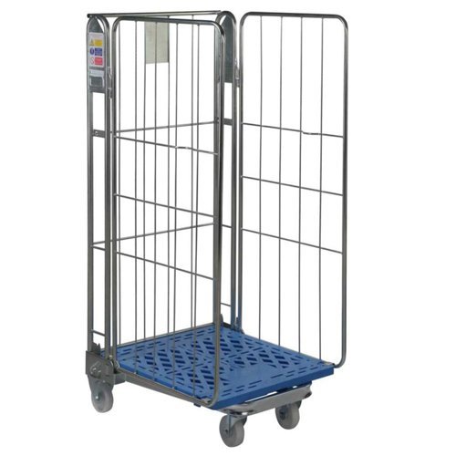 Plastic Base Nestable Roll Container; 3 Sided Unit; Internal Height mm: 1430; Silver/Blue Base - PBR2723_BlueBase