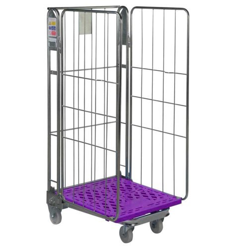 Plastic Base Nestable Roll Container; 3 Sided Unit; Internal Height mm: 1430; Silver/Purple Base - PBR2723_PurpleBase