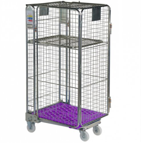 Plastic Base Nestable Roll Container; 4 Security Unit (50 x 50mm Mesh); Internal Height mm: 1430; Silver/Purple Base - PBR2725_PurpleBase