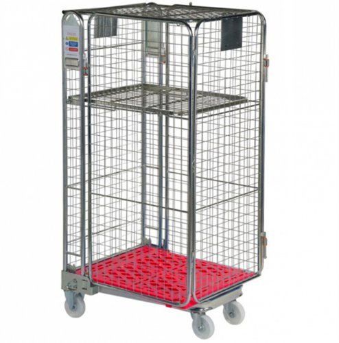 Plastic Base Nestable Roll Container; 4 Security Unit (50 x 50mm Mesh); Internal Height mm: 1430; Silver/Red Base - PBR2725_RedBase