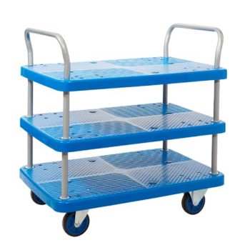 Proplaz Blue Three Tier Trolley; Fixed/Swivel Castors; Steel/Plastic; 300kg; Blue/Grey - PPU96Y