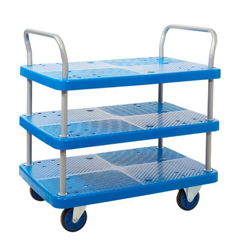 Proplaz Blue Three Tier Trolley; Fixed/Swivel Castors; Steel/Plastic; 300kg; Blue/Grey - PPU96Y