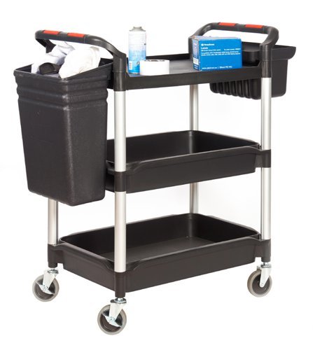 Proplaz Plus Trolley; 3 Deep Trays c/w Hook On Buckets; Swivel (x2 Braked)Castors; Anodised Aluminium/Plastic; 150kg; Black/Silver - HIT32Y