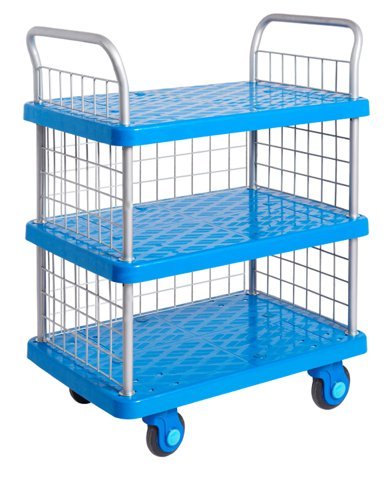 Proplaz Super Silent Three Tier Trolley with Mesh Side & Ends; Super Silent Castors; Polypropylene; 300kg; Blue/Grey - PPS98Y