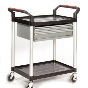 Proplaz2 Shelf Trolley with 2x Steel Drawers; Swivel (x2 Braked) Castors; Anodised Aluminium/Plastic; 150kg; Black/Silver - HI292Y