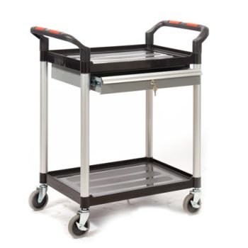 Proplaz2 Shelf Trolley with a Lockable Steel Drawer; Swivel (x2 Braked) Castors; Anodised Aluminium/Plastic; 150kg; Black/Silver - HI291Y