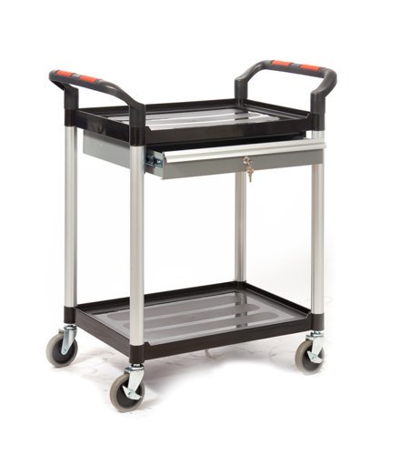 Proplaz2 Shelf Trolley with a Lockable Steel Drawer; Swivel (x2 Braked) Castors; Anodised Aluminium/Plastic; 150kg; Black/Silver - HI291Y