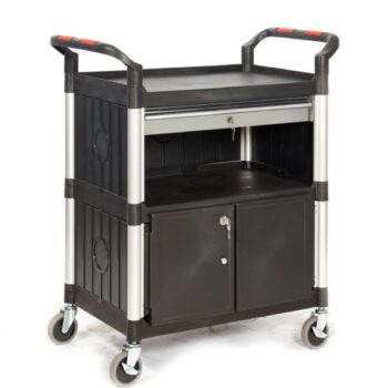 Proplaz3 Shelf Trolley with a Lockable Steel Drawer & Cupboard; Swivel (x2 Braked) Castors; Anodised Aluminium/Plastic; 150kg; Black/Silver - HI393Y
