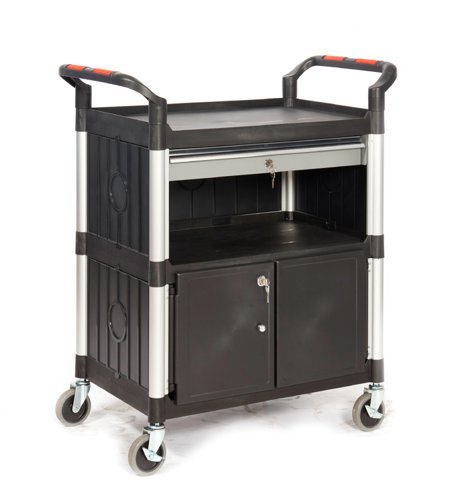 Proplaz3 Shelf Trolley with a Lockable Steel Drawer & Cupboard; Swivel (x2 Braked) Castors; Anodised Aluminium/Plastic; 150kg; Black/Silver - HI393Y