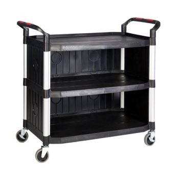ProplazLarge 3 Shelf Trolley with High Quality Plastic Sides; Swivel (x2 Braked) Castors; Anodised Aluminium/Plastic; 150kg; Black/Silver - HI351Y