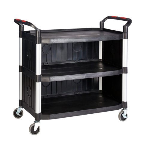 ProplazLarge 3 Shelf Trolley with High Quality Plastic Sides; Swivel (x2 Braked) Castors; Anodised Aluminium/Plastic; 150kg; Black/Silver - HI351Y