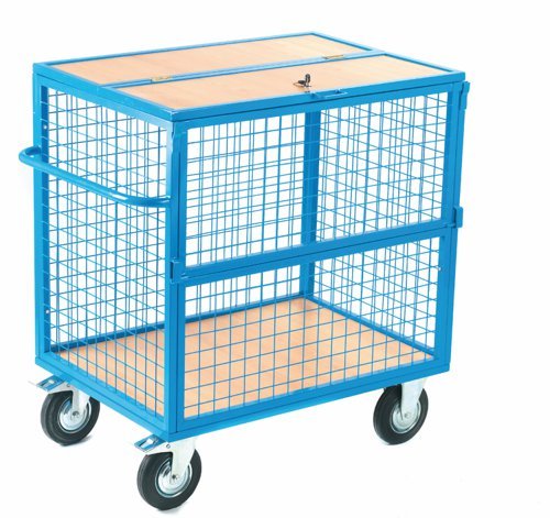Security Trolley; Mesh with Lockable Lid & Half Drop Front; Fixed/Swivel (x2 Braked) Castors; Steel/Wire Mesh; 350kg; Blue - GIS71M