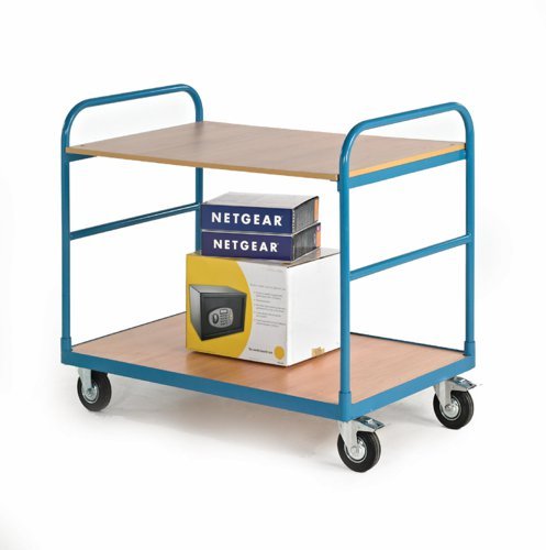 Shelf Truck; 2 Shelf; Fixed/Swivel (x2 Braked) Castors; Steel; 250kg; Blue/Veneer - PI302Y
