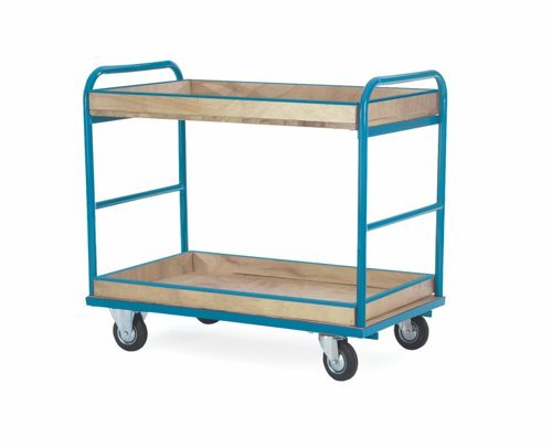Shelf Truck; 2 Shelf with 60mm Lip Surround; Fixed/Swivel (x2 Braked) Castors; Steel; 250kg; Blue/Veneer - PI307Y