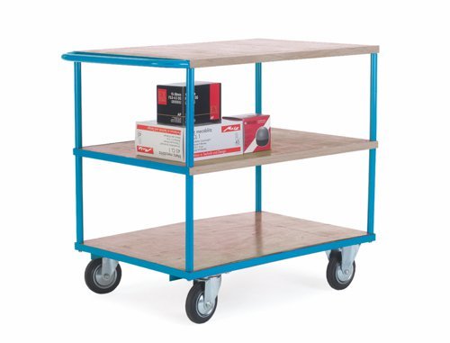 Shelf Truck; 3 Shelf with Push Handle; Fixed/Swivel (x2 Braked) Castors; Steel; 500kg; Blue/Veneer - PI306Y