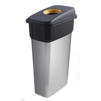 Slim Bin c/w Sticker; Hole Lid; 55L; Silver Body; Black/Yellow Lid; Metal Look Plastic - SB255Z_YLCAST
