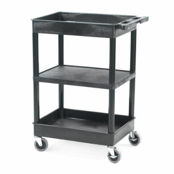 Super Strength Multi Purpose Trolley; Top & Bottom Storage Trays; Middle Flat Shelf; Swivel (x2 Braked)Castors; Polyethylene; 150kg; Black - GI645L
