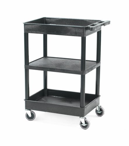 Super Strength Multi Purpose Trolley; Top & Bottom Storage Trays; Middle Flat Shelf; Swivel (x2 Braked)Castors; Polyethylene; 150kg; Black - GI645L