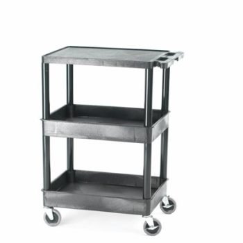 Super Strength Multi Purpose Trolley; Top Flat Shelf; Middle & Bottom Storage Trays; Swivel (x2 Braked)Castors; Polyethylene; 150kg; Black - GI644L