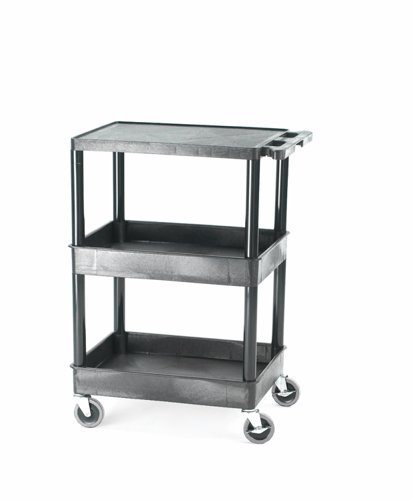 Super Strength Multi Purpose Trolley; Top Flat Shelf; Middle & Bottom Storage Trays; Swivel (x2 Braked)Castors; Polyethylene; 150kg; Black - GI644L
