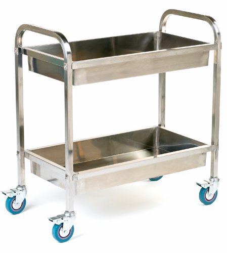 Tray Trolley; 2 Deep Shelves; Swivel (x4 Braked) Castors; Stainless Steel; 100kg; Silver - SI822Y