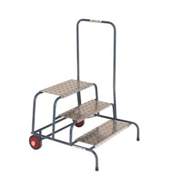 Wide Work Steps - 3 Tread 600mm Platform Height - Chequer Plate Tread - with 1 Handrail - with Wheels - SWW13C