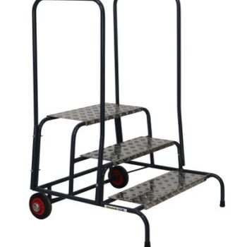 Wide Work Steps - 3 Tread 600mm Platform Height - Chequer Plate Tread - with 2 Handrail - with Wheels - SWW23C