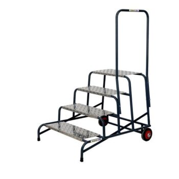 Wide Work Steps - 4 Tread 800mm Platform Height - Chequer Plate Tread - with 1 Handrail - with Wheels - SWW14C