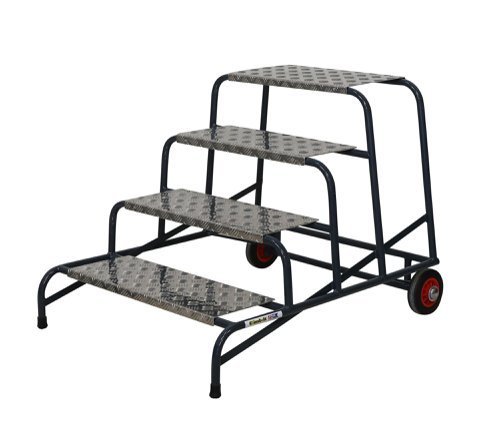 Wide Work Steps - 4 Tread 800mm Platform Height - Chequer Plate Tread - with Wheels - SWW04C