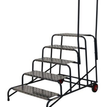 Wide Work Steps - 5 Tread 1000mm Platform Height - Chequer Plate Tread - with 1 Handrail - with Wheels - SWW15C
