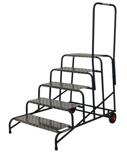 Wide Work Steps - 5 Tread 1000mm Platform Height - Chequer Plate Tread - with 1 Handrail - with Wheels - SWW15C