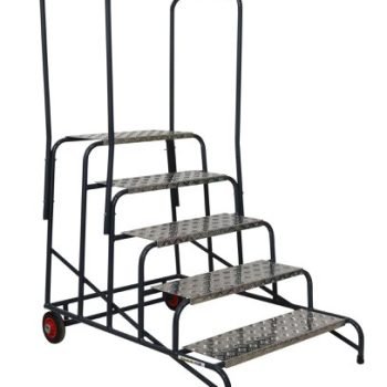 Wide Work Steps - 5 Tread 1000mm Platform Height - Chequer Plate Tread - with 2 Handrail - with Wheels - SWW25C