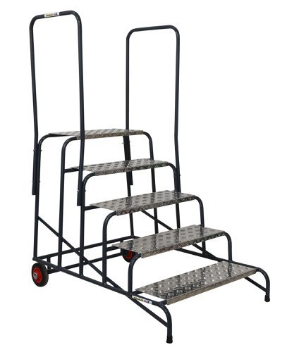 Wide Work Steps - 5 Tread 1000mm Platform Height - Chequer Plate Tread - with 2 Handrail - with Wheels - SWW25C
