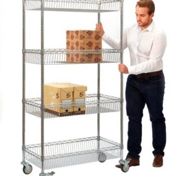Wire Mesh Trolley; 4 Height Adjustable Shelves; Swivel (x2 Braked) Castors; Wire Mesh; 320kg; Silver - SW491Y