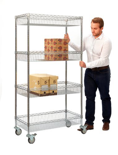 Wire Mesh Trolley; 4 Height Adjustable Shelves; Swivel (x2 Braked) Castors; Wire Mesh; 320kg; Silver - SW491Y