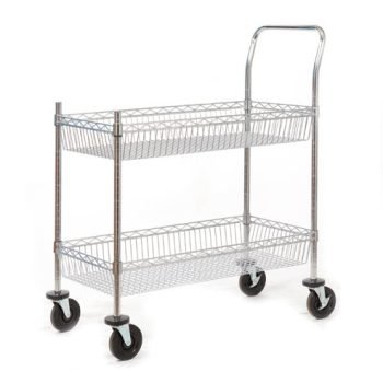 Wire Trolley; 2 Shelves with Wire Surround; Fixed/Swivel (x2 Braked) Castors; Chrome Plated Wire; 120kg; Silver - SWI42Y