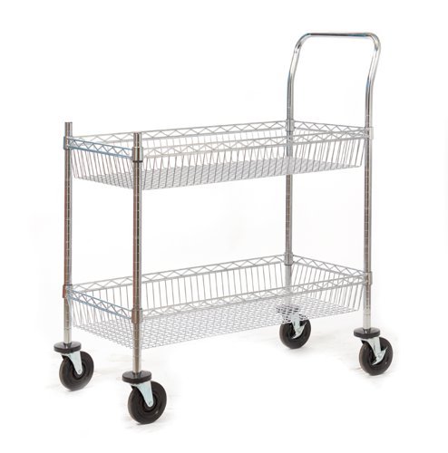 Wire Trolley; 2 Shelves with Wire Surround; Fixed/Swivel (x2 Braked) Castors; Chrome Plated Wire; 120kg; Silver - SWI42Y