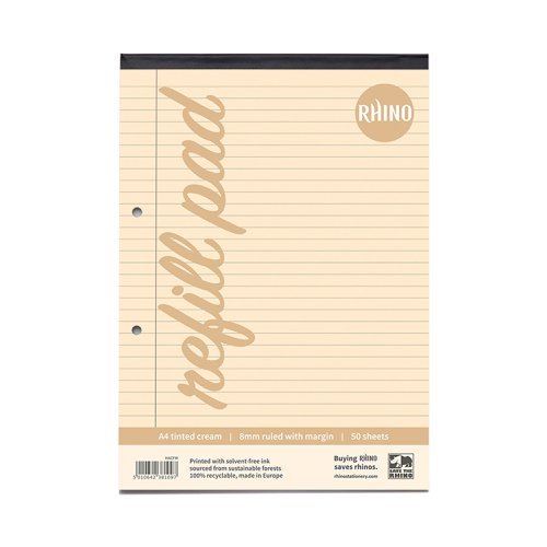 Rhino A4 Tinted Refill Pads Cream 8mm Feints and Margin 100 Page HACFM-2 - Pack 6