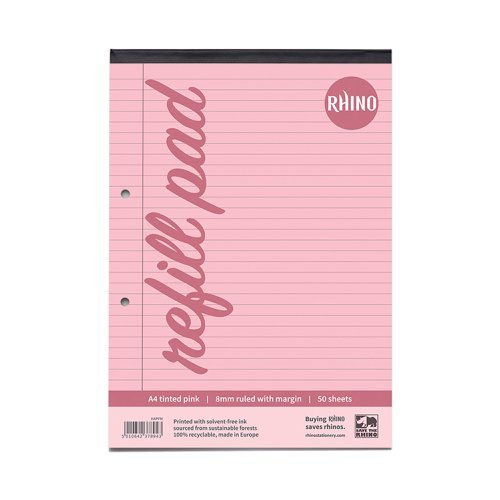 Rhino A4 Tinted Refill Pads Pink 8mm Feints and Margin 100 Page HAPFM-8 - Pack 6