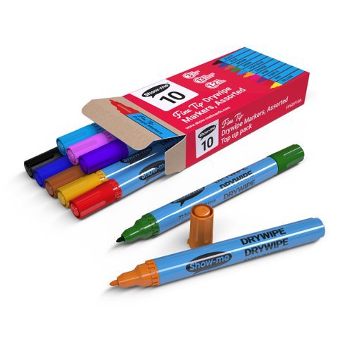 Show-me Slim Barrel Fine 10 Drywipe Markers 10 Assorted Colours