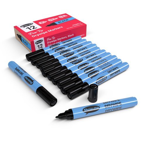Show-me Slim Barrel Fine Drywipe Markers Black - Pack 12
