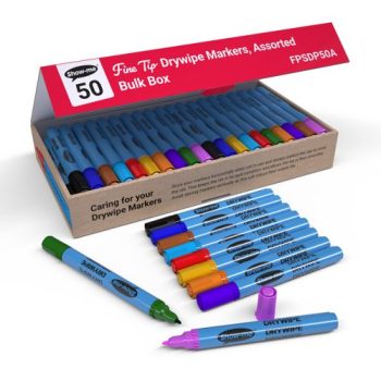 Show-me Slim Barrel Fine 50 Drywipe Markers 10 Assorted Colours