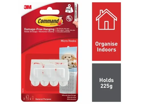 3M Command Mini Micro Hooks With Adhesive Strips White 7100117609 - Pack 3